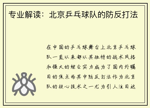 专业解读：北京乒乓球队的防反打法