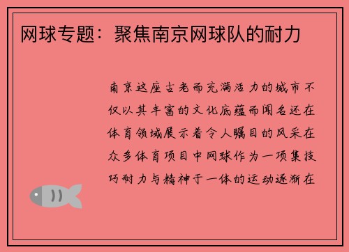 网球专题：聚焦南京网球队的耐力