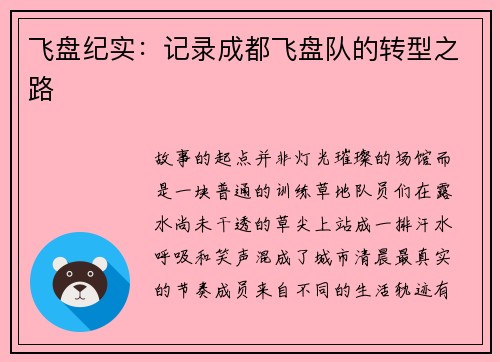 飞盘纪实：记录成都飞盘队的转型之路